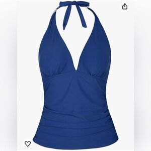 Hilor Women's Plunging V-Neck Halter Swim Shirred Tankini Blue Size 18 Slimming